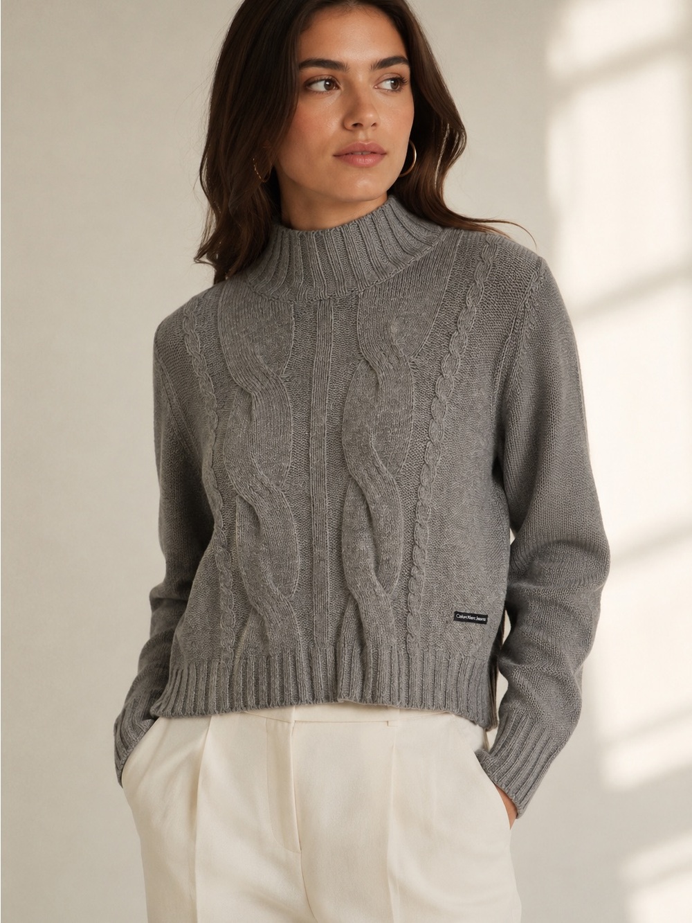 Calvin Klein Jeans Grey Cable-Knit Mock Neck Sweater